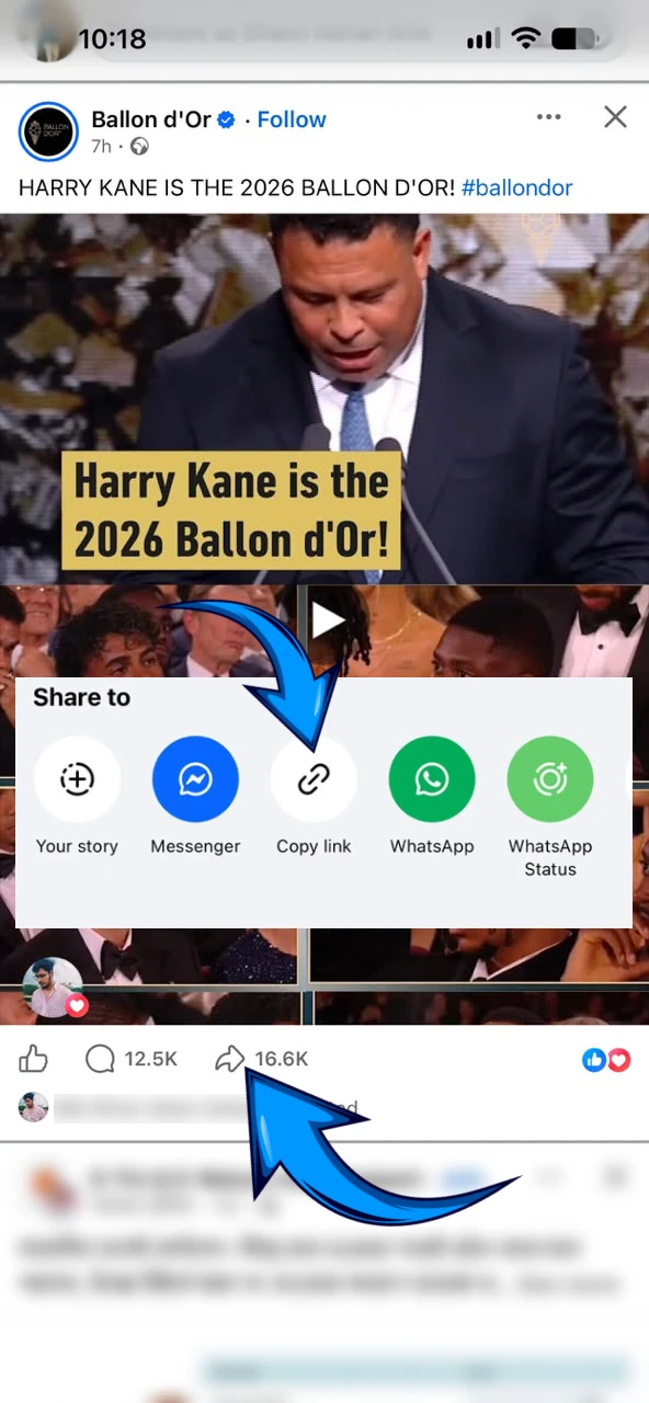 Copying a Facebook video link from the Share menu