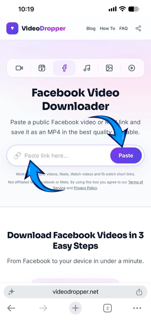 Pasting the copied Facebook link into the VideoDropper box
