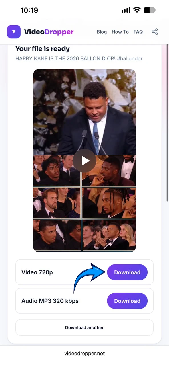 Result screen with the Facebook video preview and Download button